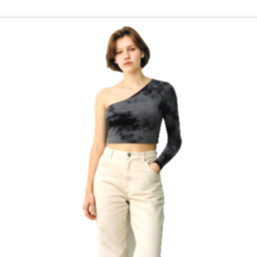 Women’s One Shoulder Crop Top XL Black Gray Tie Dye Asymmetrical Long Sleeve - Picture 4 of 10